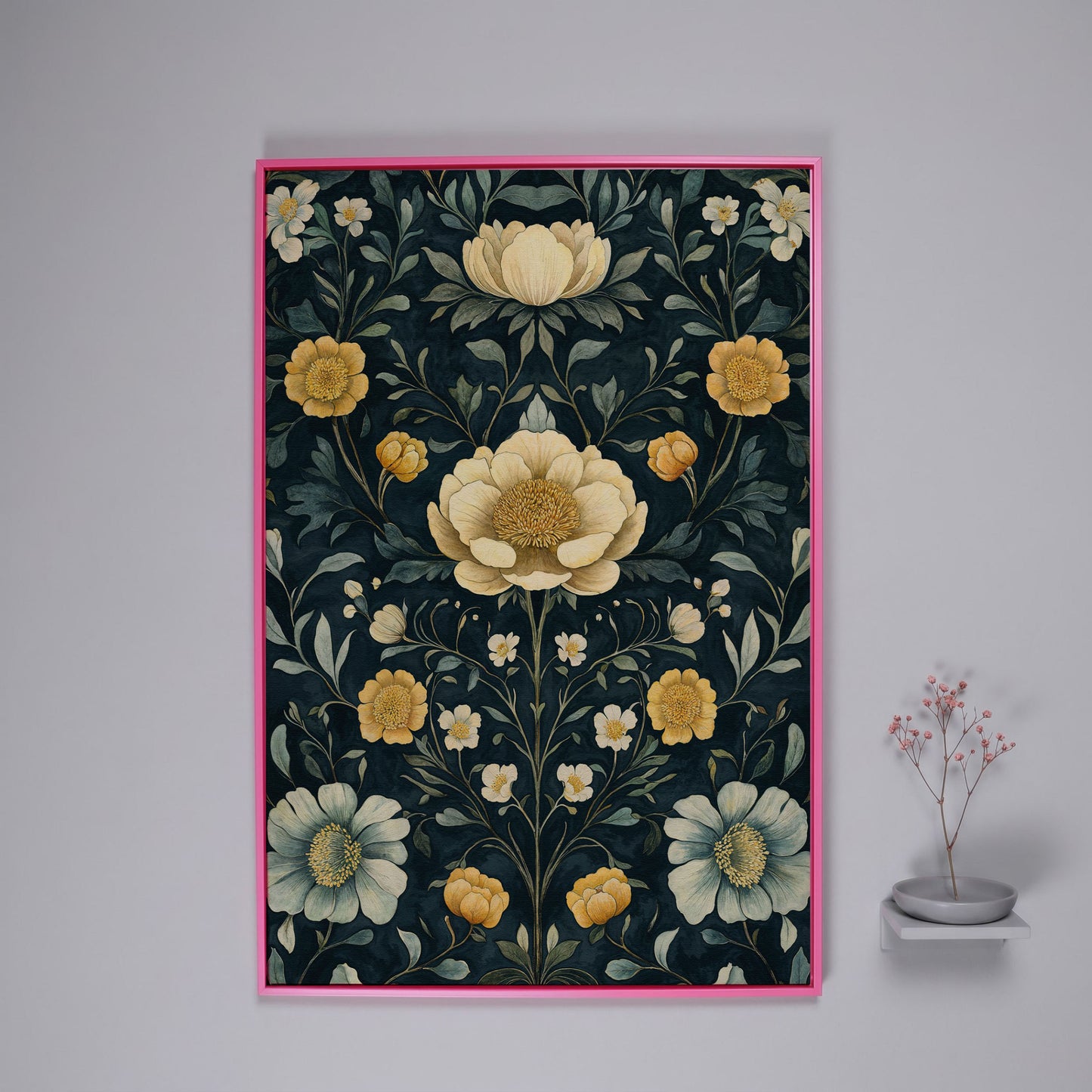 Yellow Peony and Daisy Canvas Print in pink floating frame