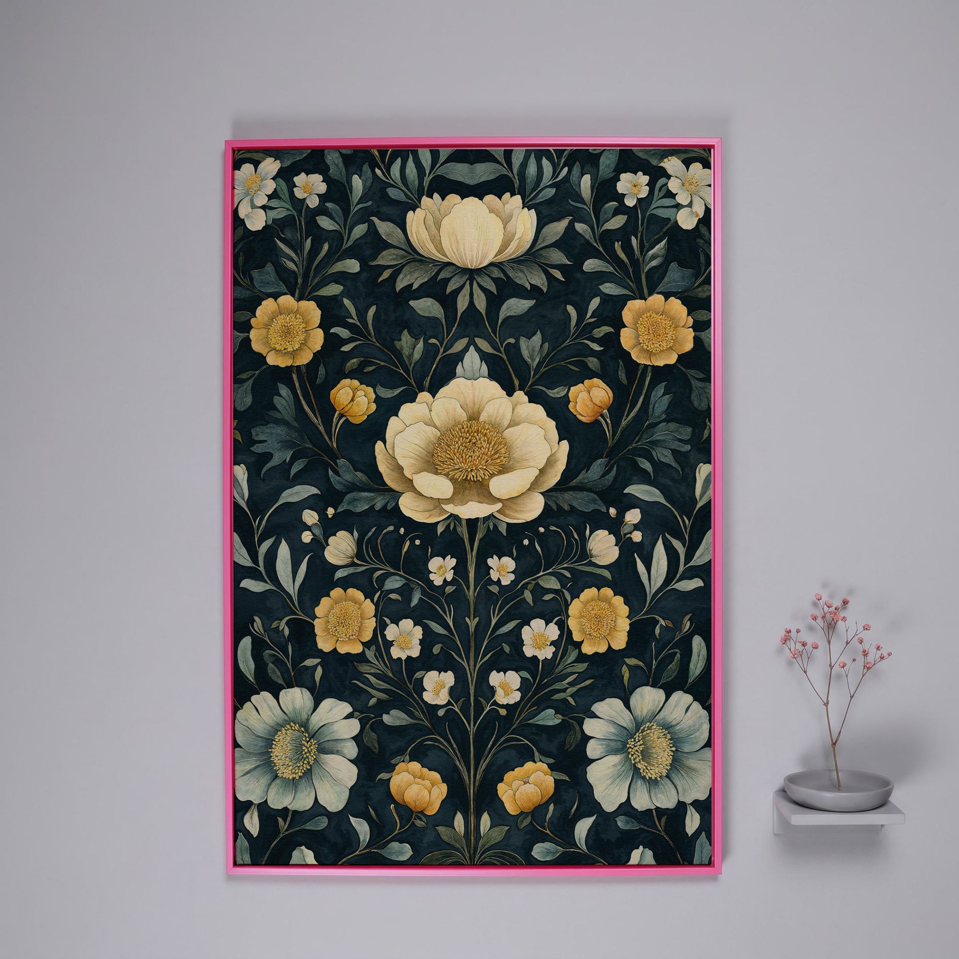 Yellow Peony and Daisy Canvas Print in pink floating frame