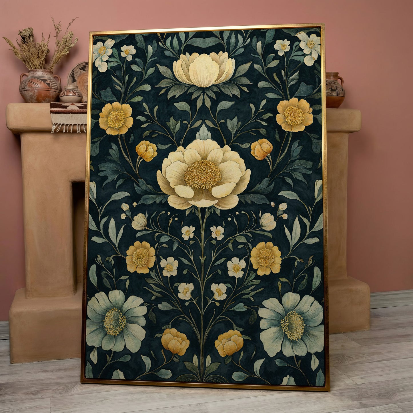 Yellow Peony and Daisy Canvas Print in rose gold floating frame