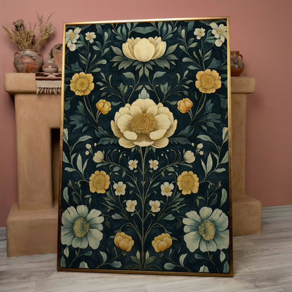 Yellow Peony and Daisy Canvas Print in rose gold floating frame