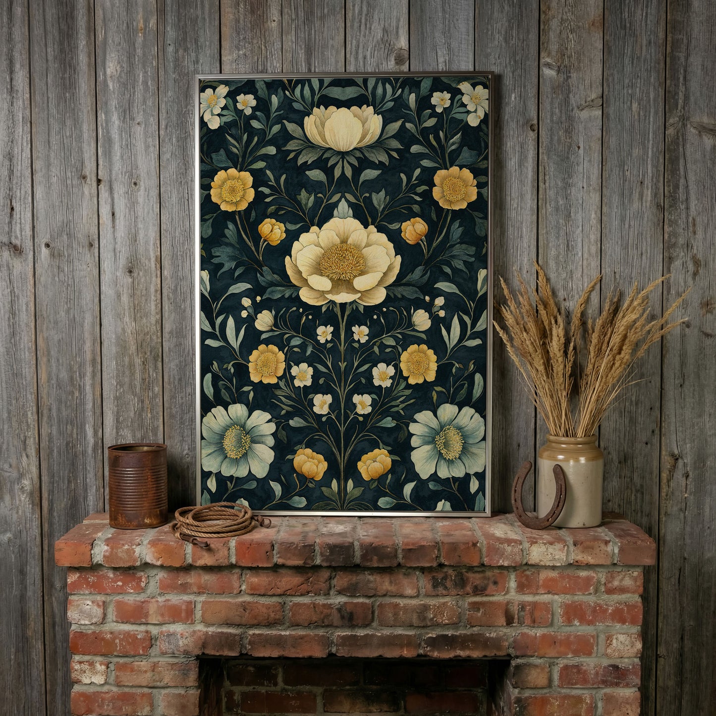 Yellow Peony and Daisy Canvas Print in silver floating frame