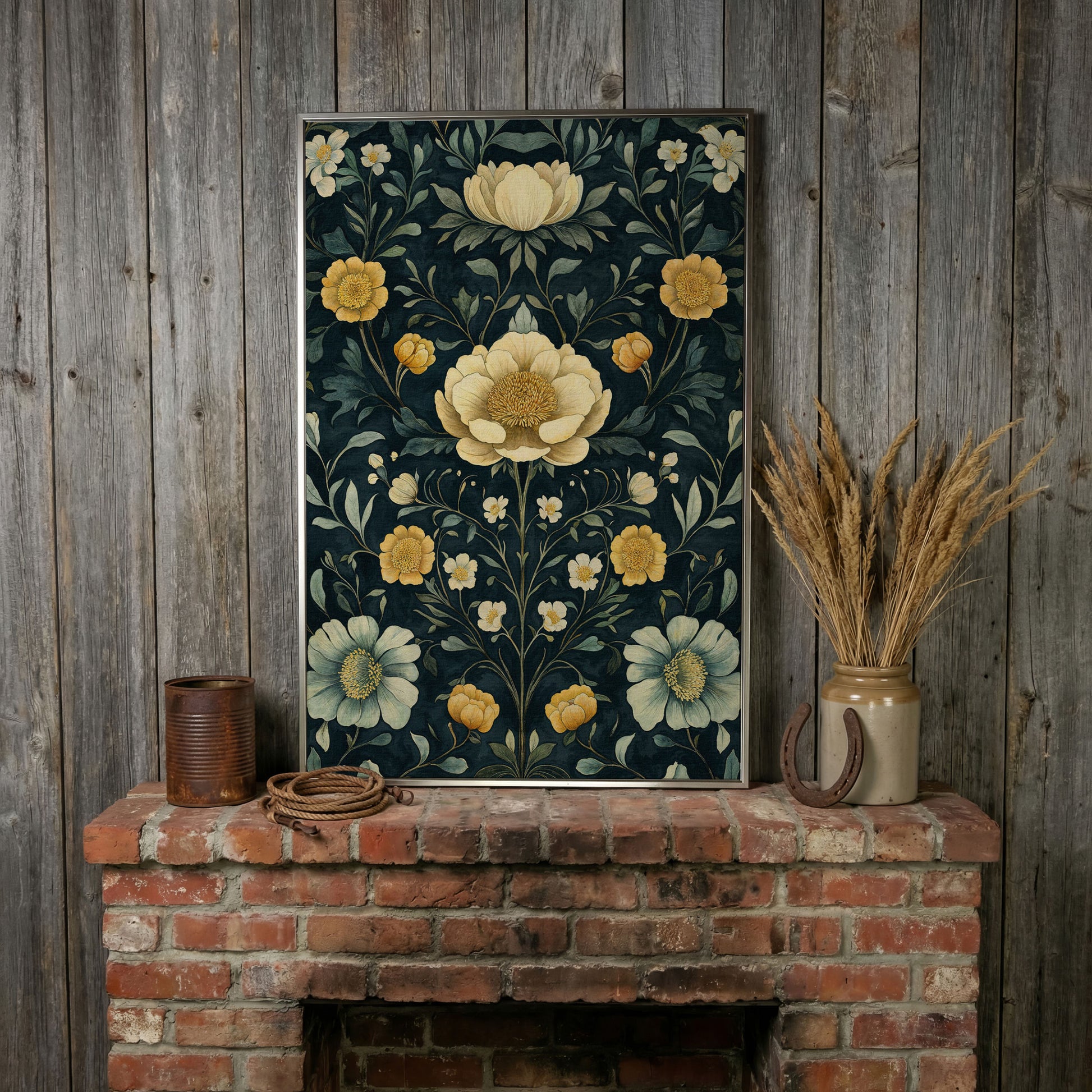 Yellow Peony and Daisy Canvas Print in silver floating frame