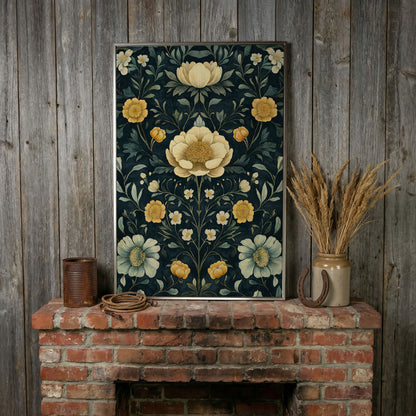 Yellow Peony and Daisy Canvas Print in silver floating frame