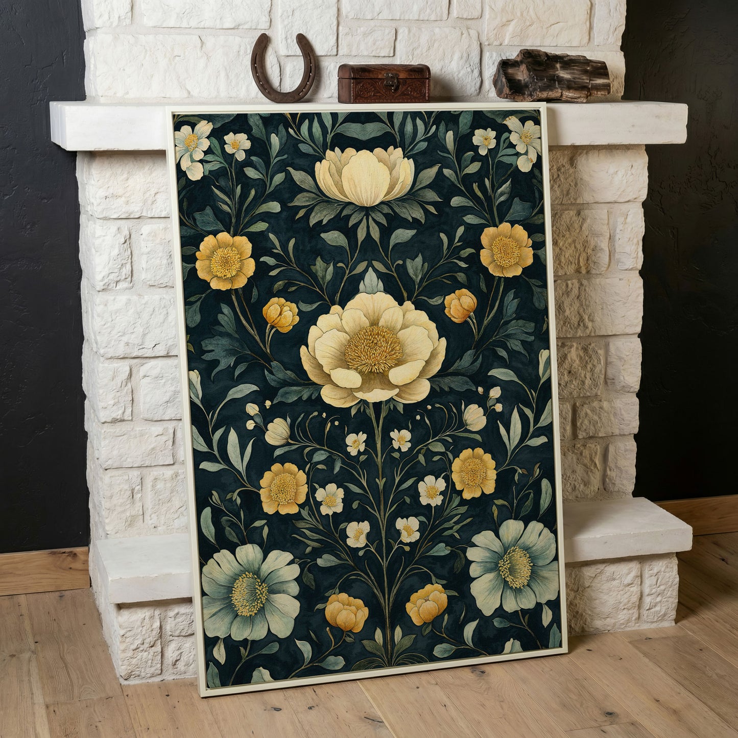 Yellow Peony and Daisy Canvas Print in white floating frame