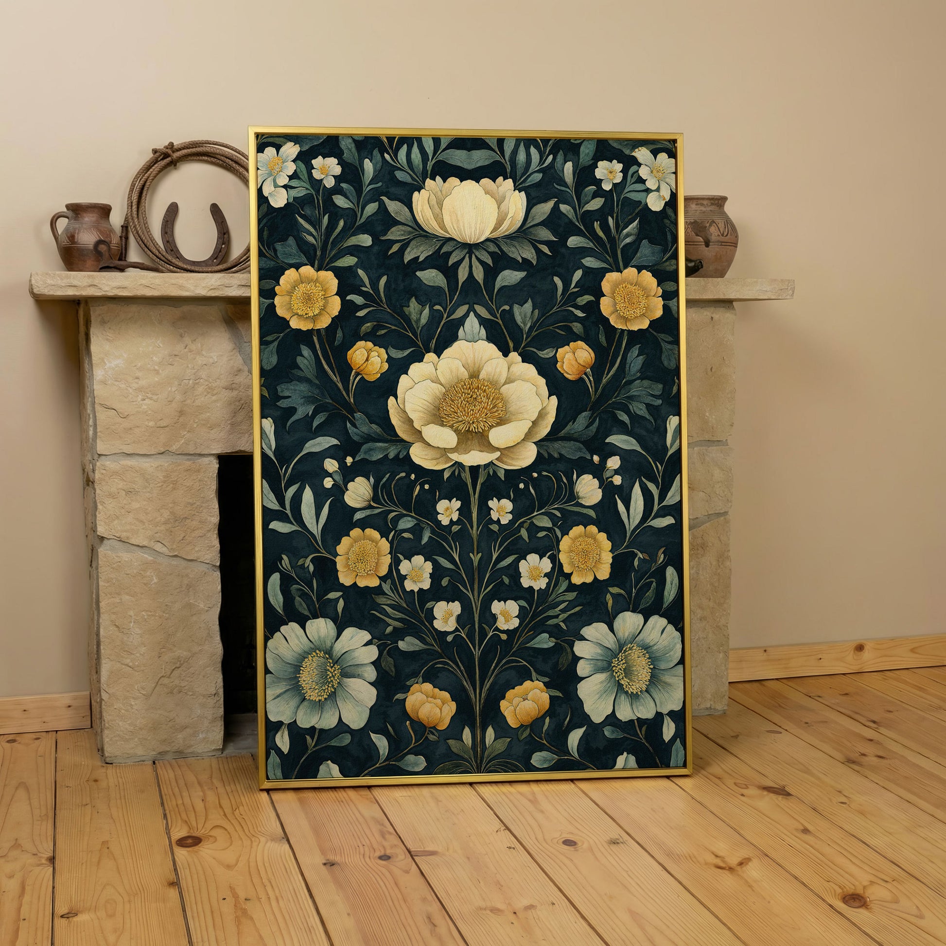 Yellow Peony and Daisy Canvas Print in yellow gold floating frame
