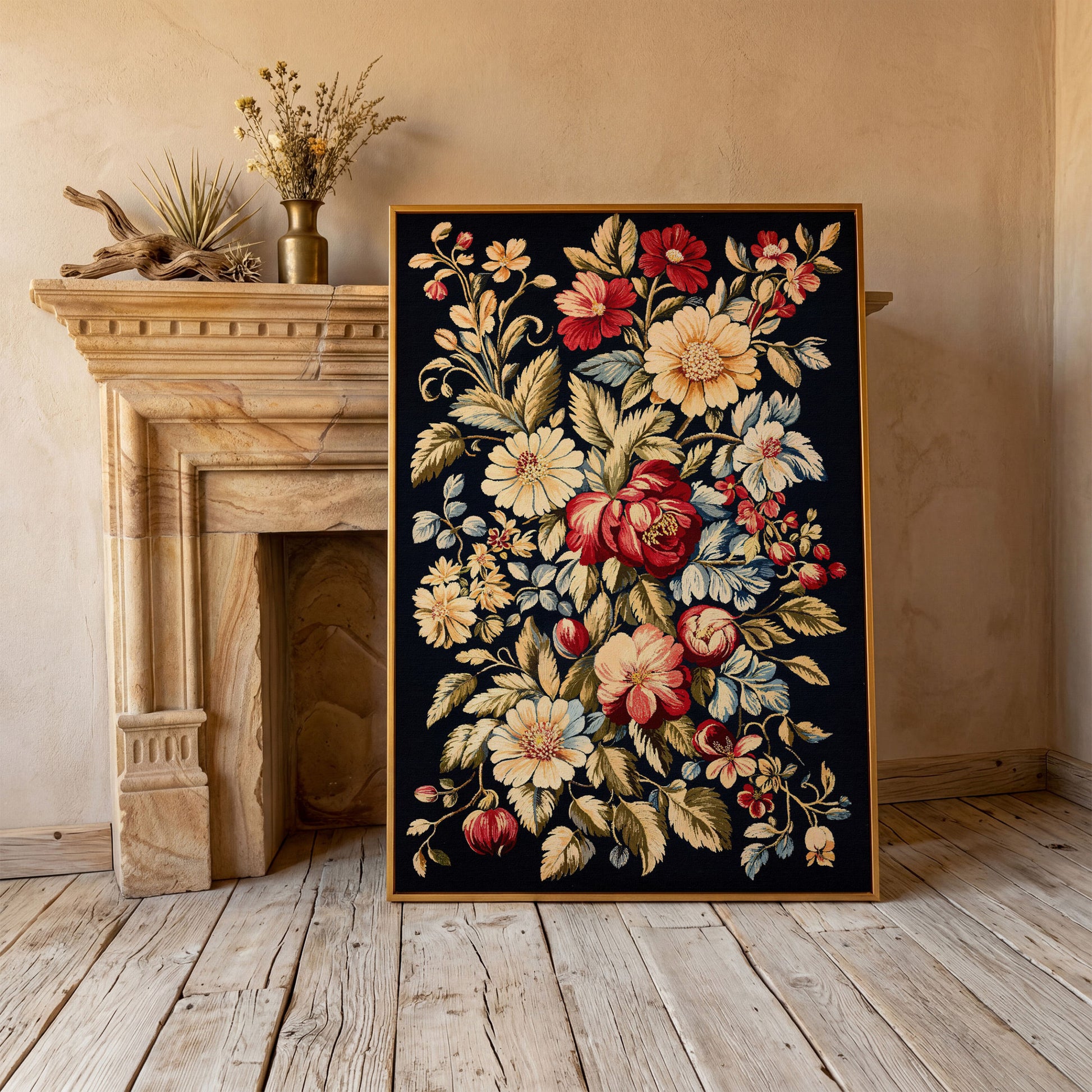 Vintage Floral Canvas Print in Crimson and Cream in antique gold floating frame