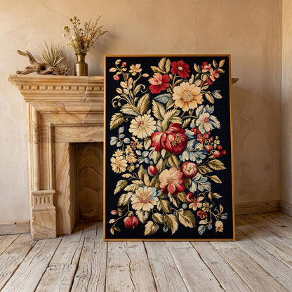 Vintage Floral Canvas Print in Crimson and Cream in antique gold floating frame