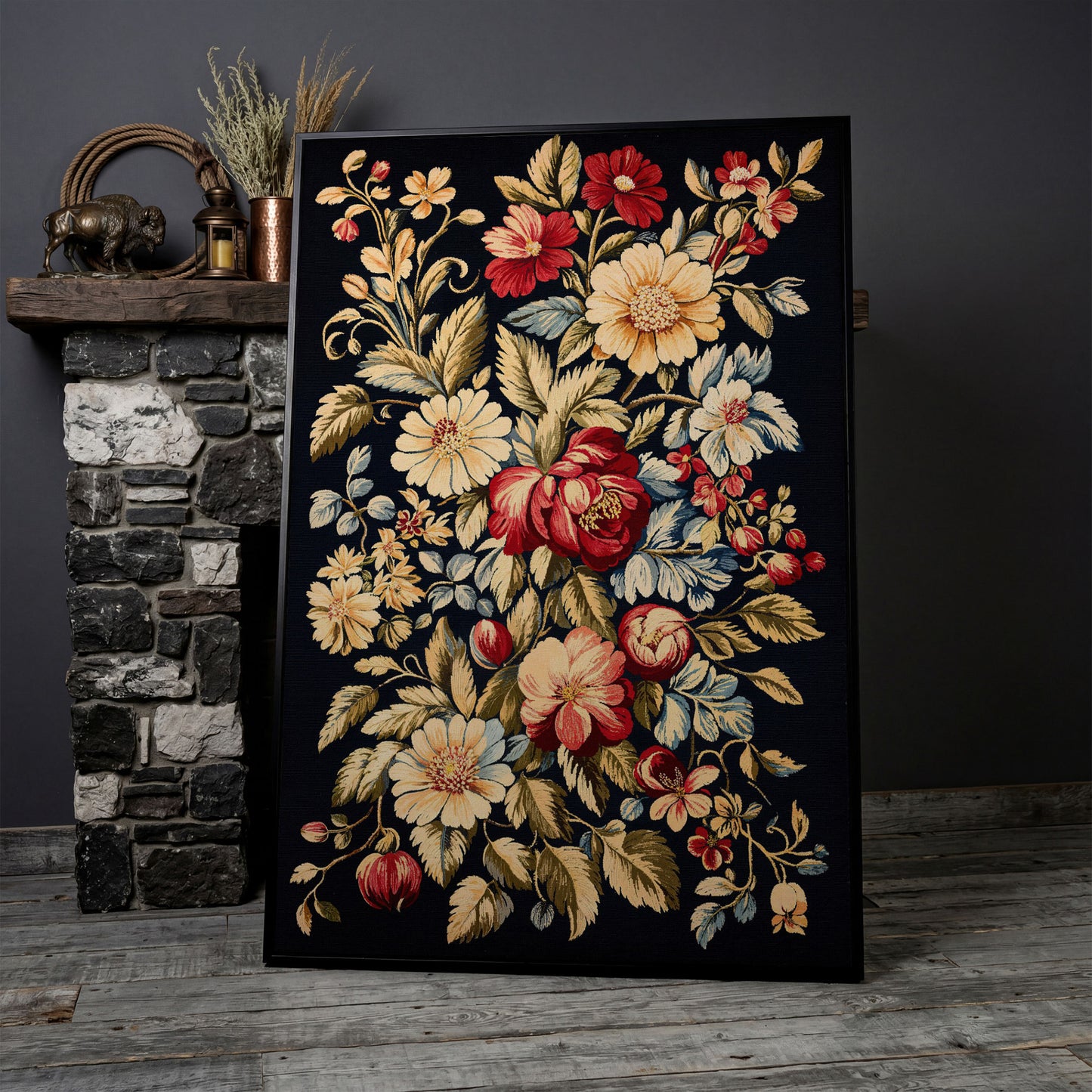 Vintage Floral Canvas Print in Crimson and Cream in black floating frame