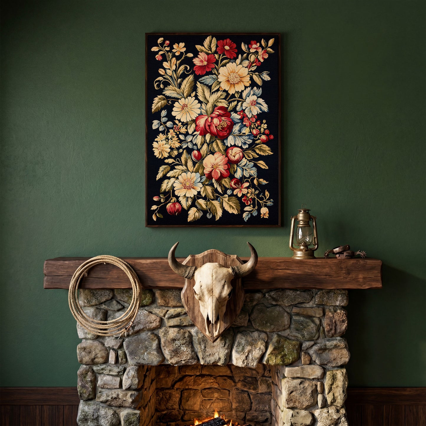 Vintage Floral Canvas Print in Crimson and Cream in dark walnut floating frame