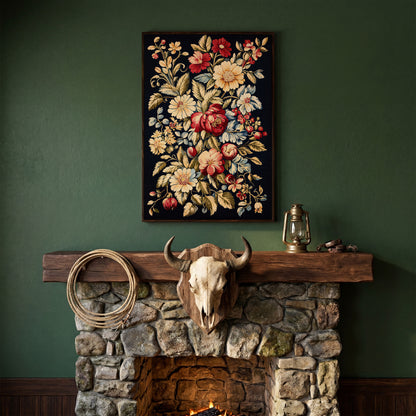 Vintage Floral Canvas Print in Crimson and Cream in dark walnut floating frame