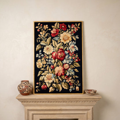 Vintage Floral Canvas Print in Crimson and Cream in white oak floating frame