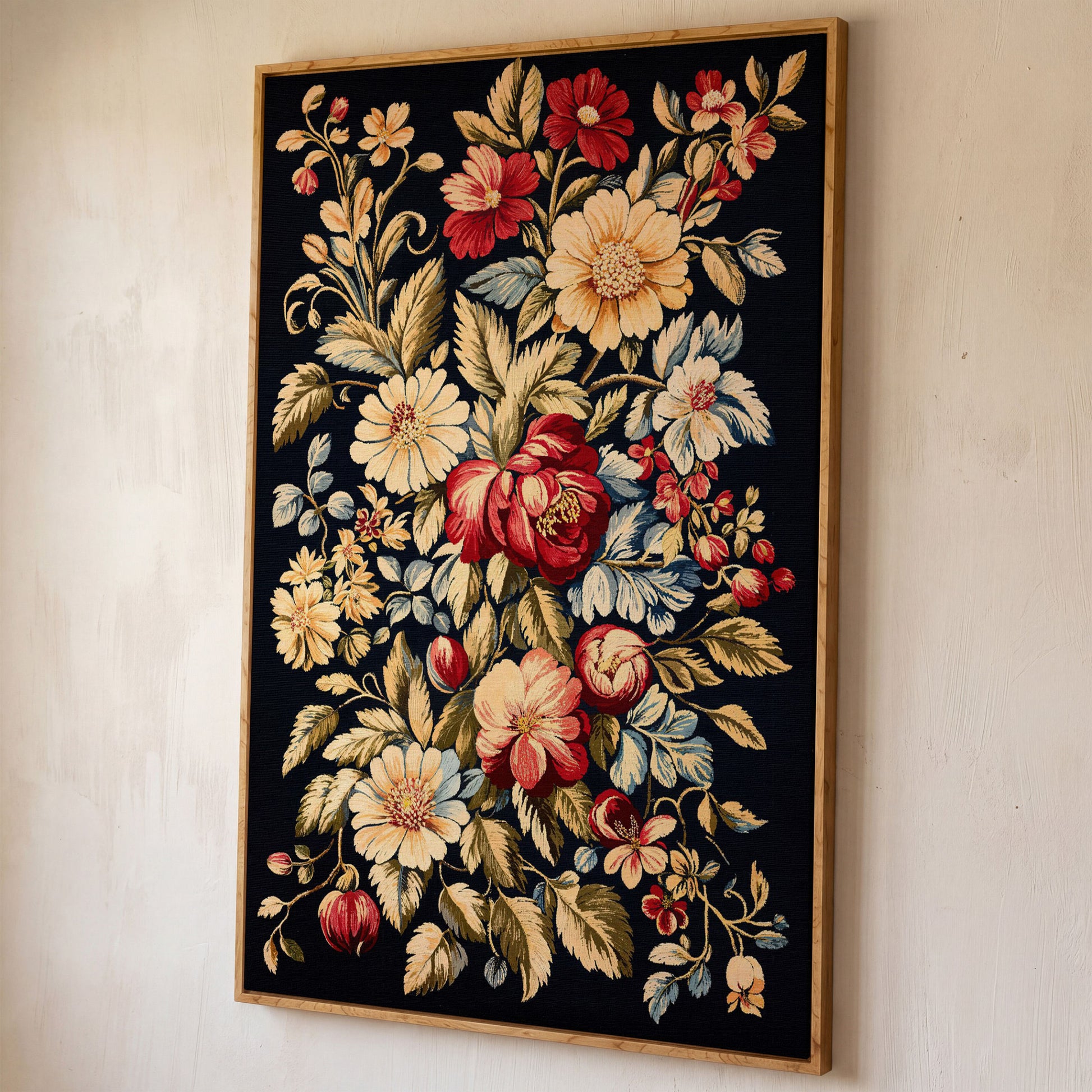 Vintage Floral Canvas Print in Crimson and Cream shown in white oak floating frame