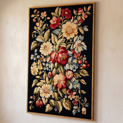 Vintage Floral Canvas Print in Crimson and Cream shown in white oak floating frame