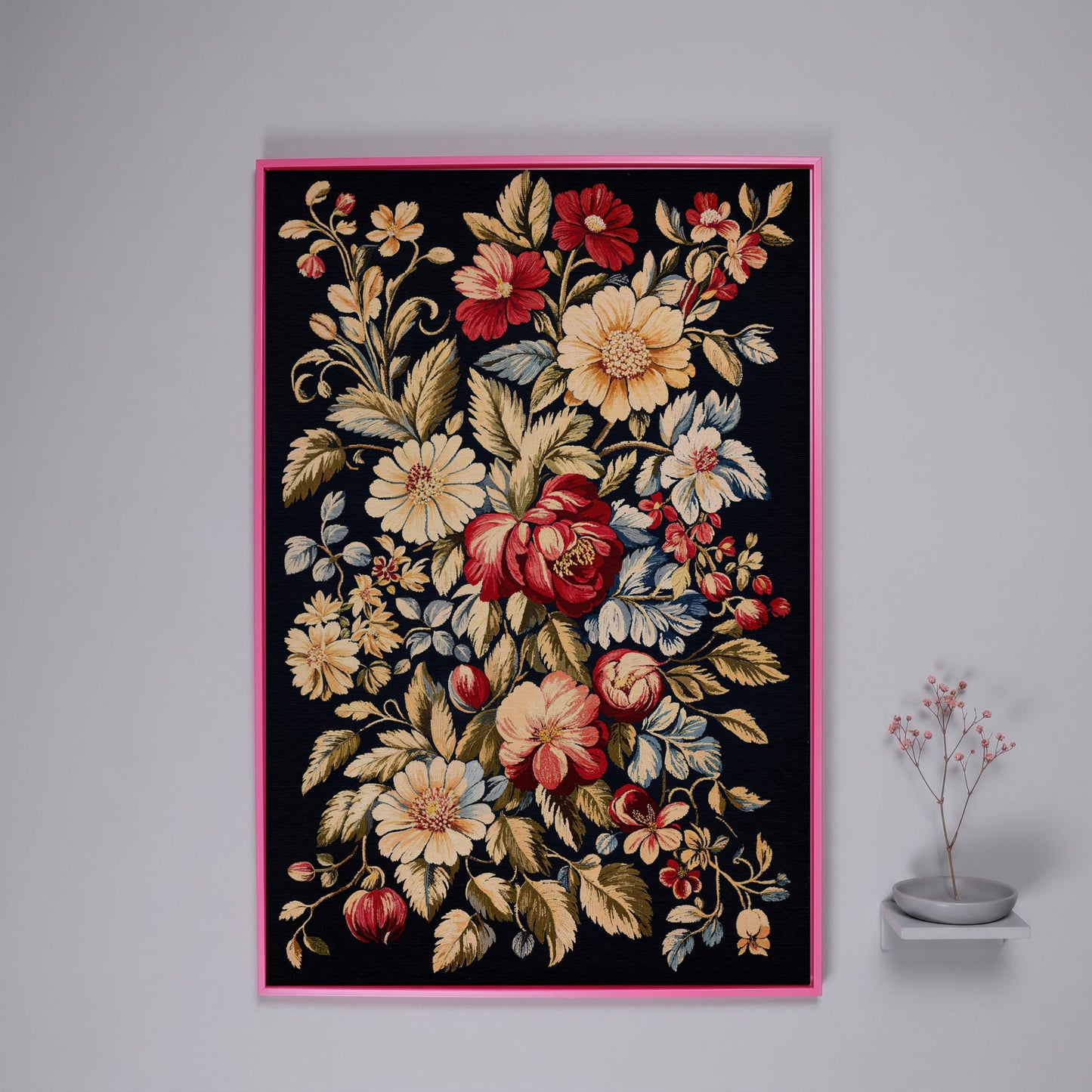 Vintage Floral Canvas Print in Crimson and Cream in pink floating frame