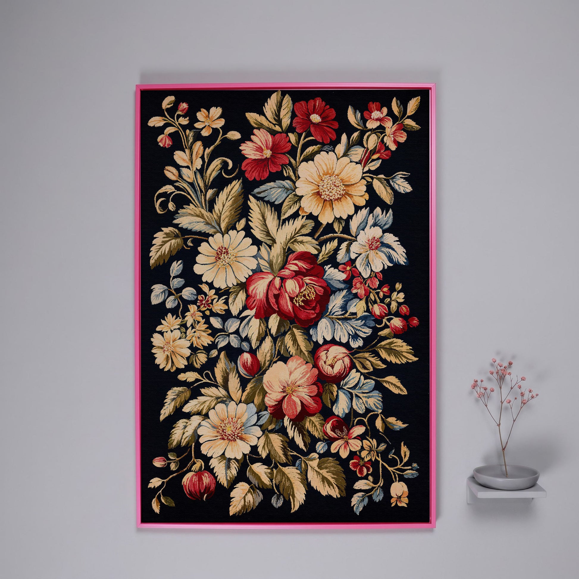 Vintage Floral Canvas Print in Crimson and Cream in pink floating frame