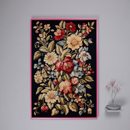Vintage Floral Canvas Print in Crimson and Cream in pink floating frame