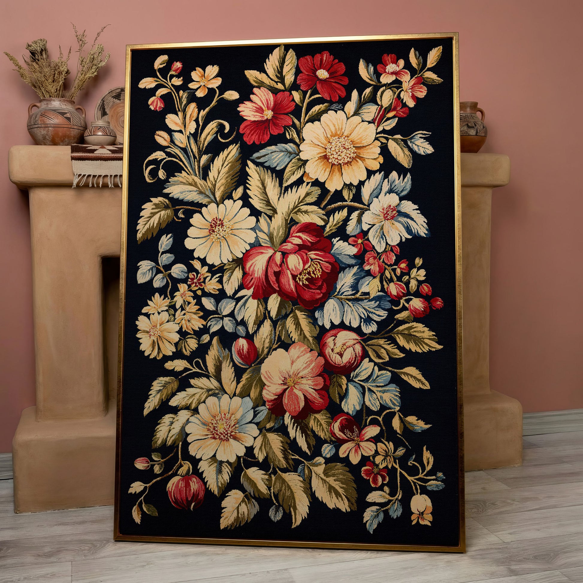 Vintage Floral Canvas Print in Crimson and Cream in rose gold floating frame