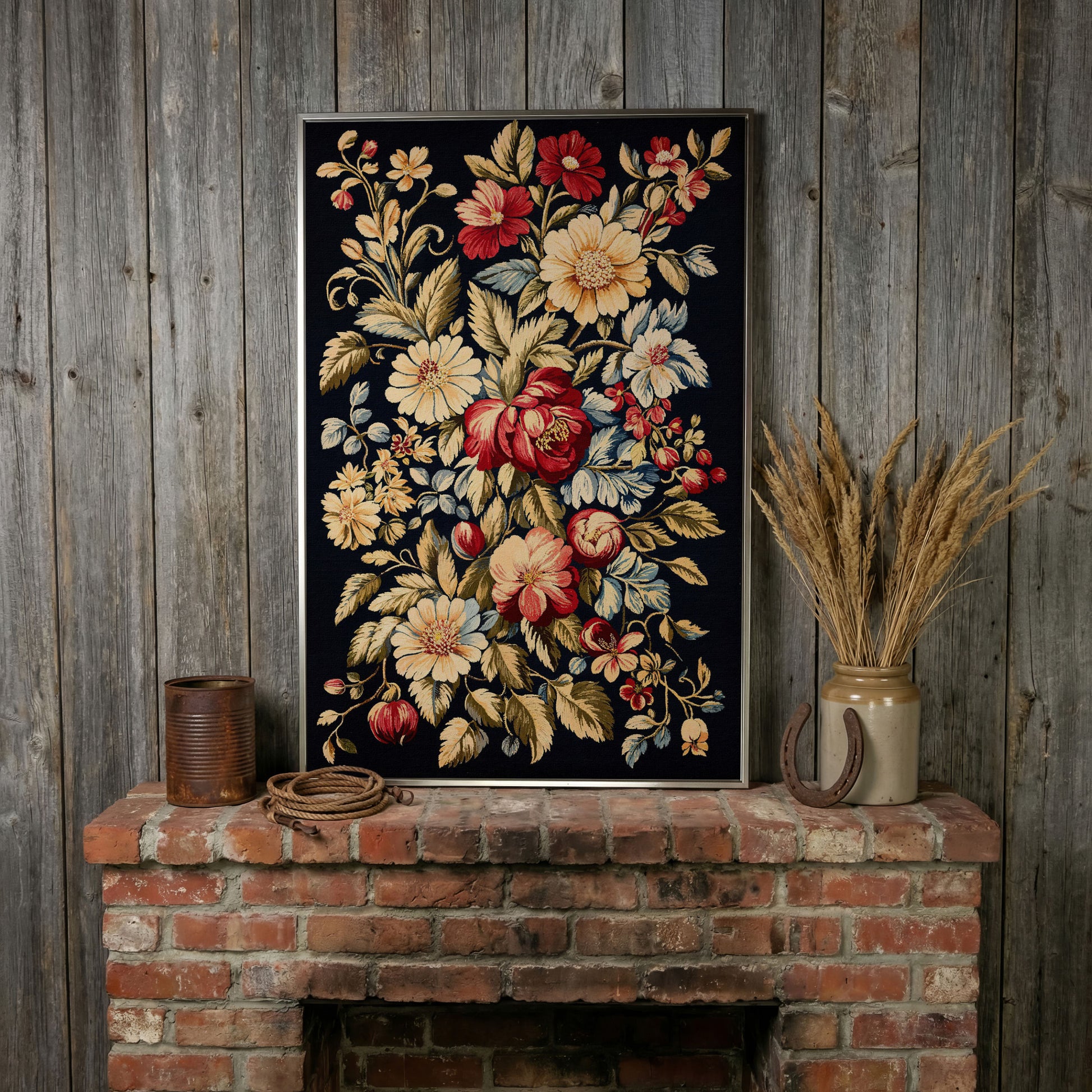 Vintage Floral Canvas Print in Crimson and Cream in silver floating frame