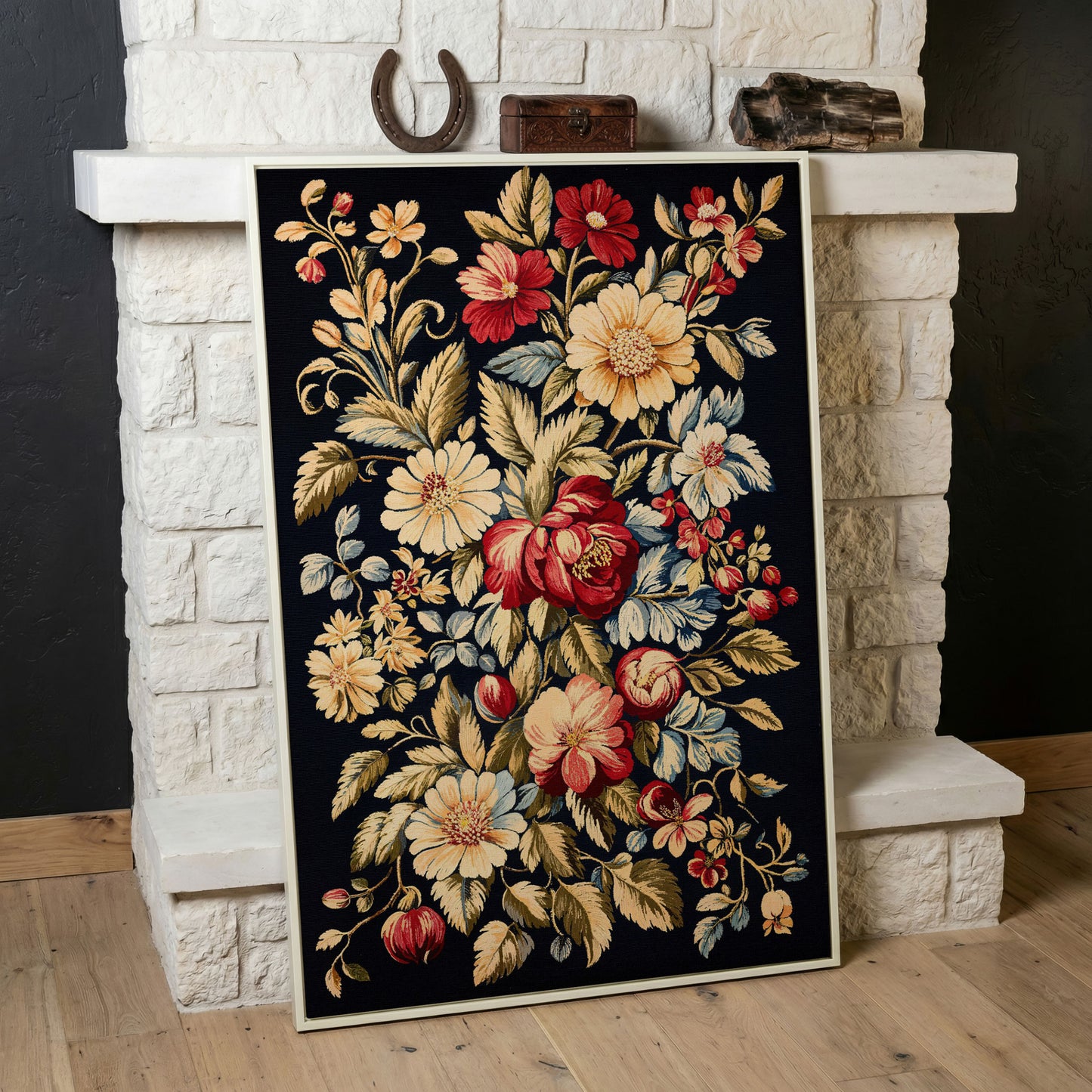 Vintage Floral Canvas Print in Crimson and Cream in white floating frame