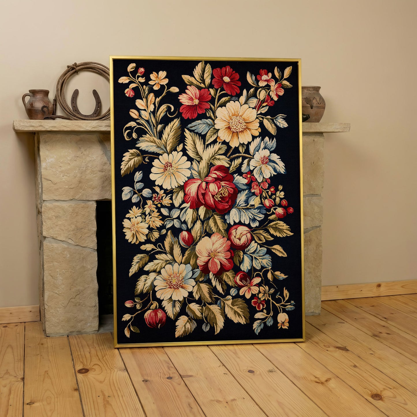 Vintage Floral Canvas Print in Crimson and Cream in yellow gold floating frame