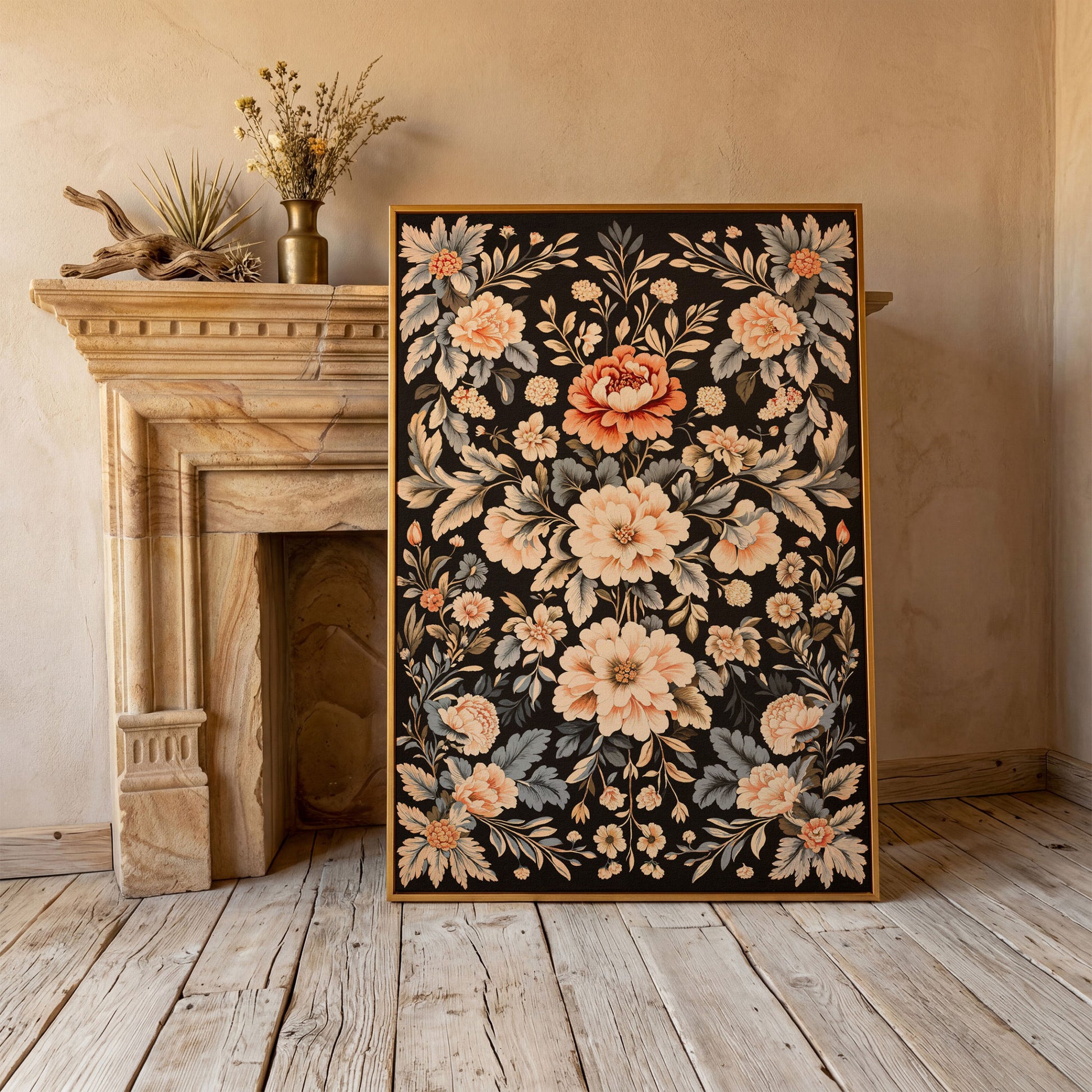 William Morris Peony Canvas Print in Charcoal and Peach in antique gold floating frame