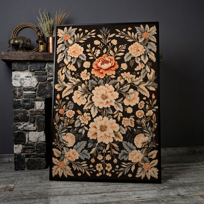 William Morris Peony Canvas Print in Charcoal and Peach in black floating frame