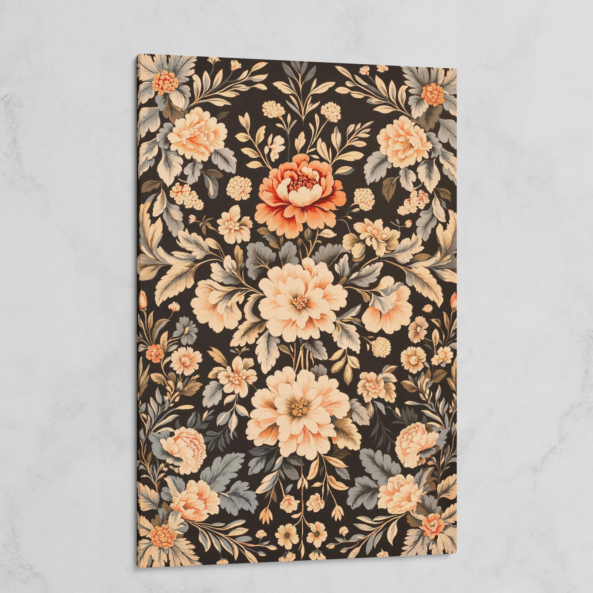 William Morris Peony Canvas Print in Charcoal and Peach on gallery wrap