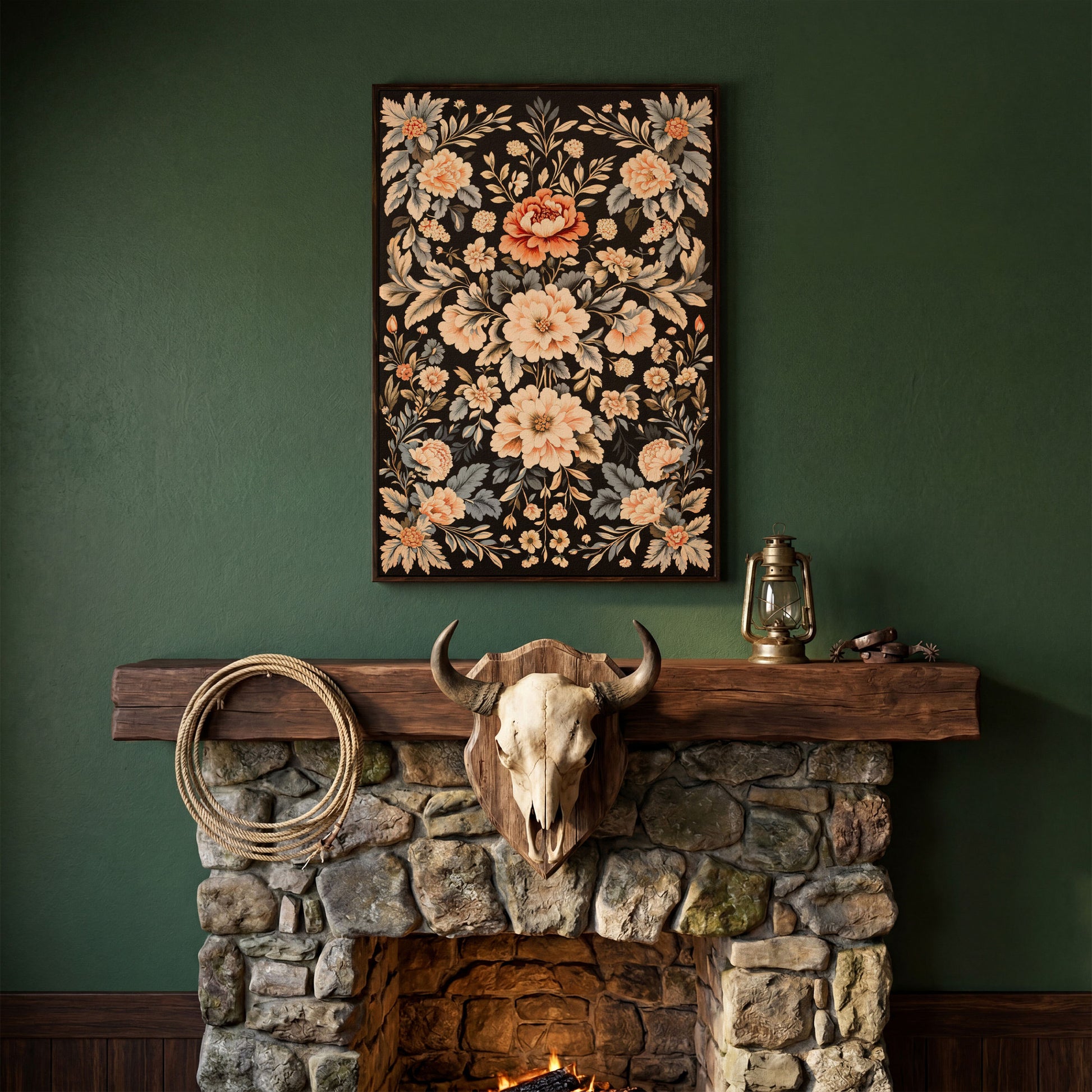 William Morris Peony Canvas Print in Charcoal and Peach in dark walnut floating frame