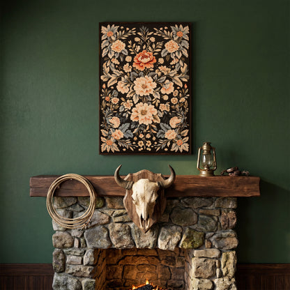 William Morris Peony Canvas Print in Charcoal and Peach in dark walnut floating frame