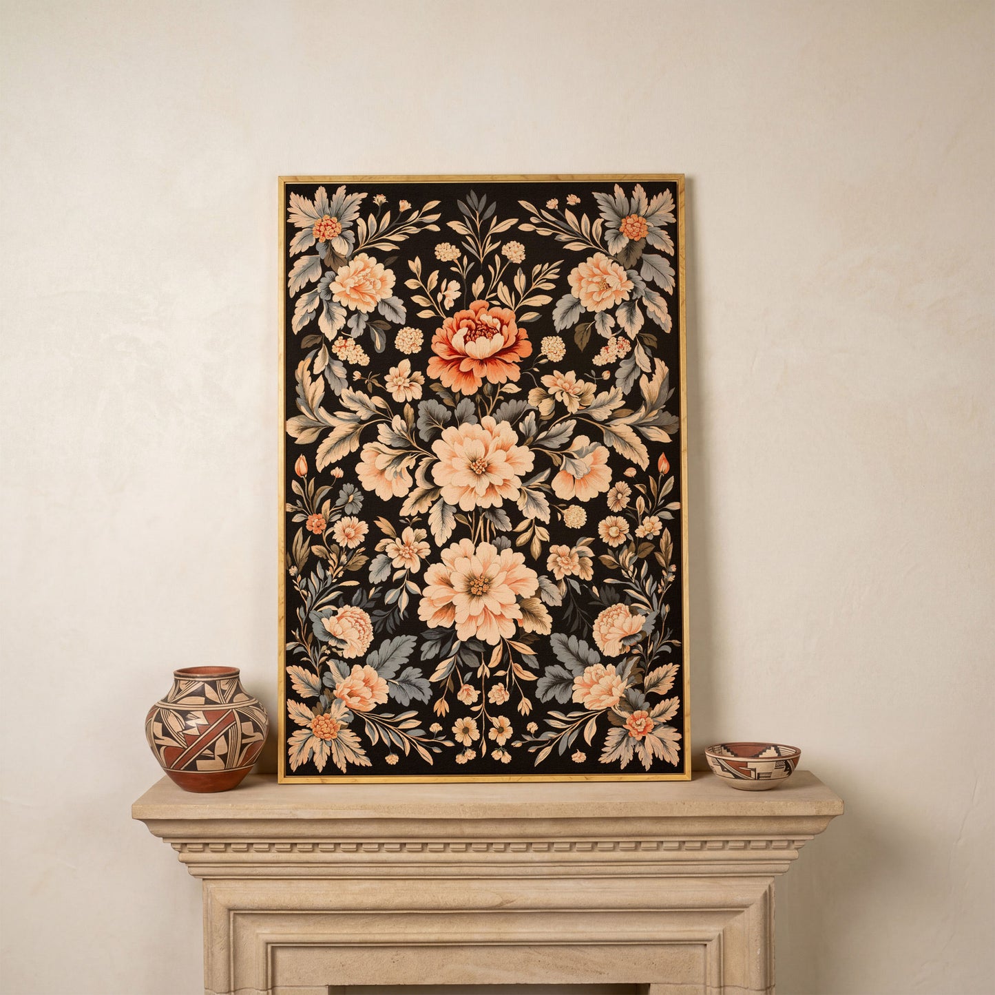 William Morris Peony Canvas Print in Charcoal and Peach in white oak floating frame