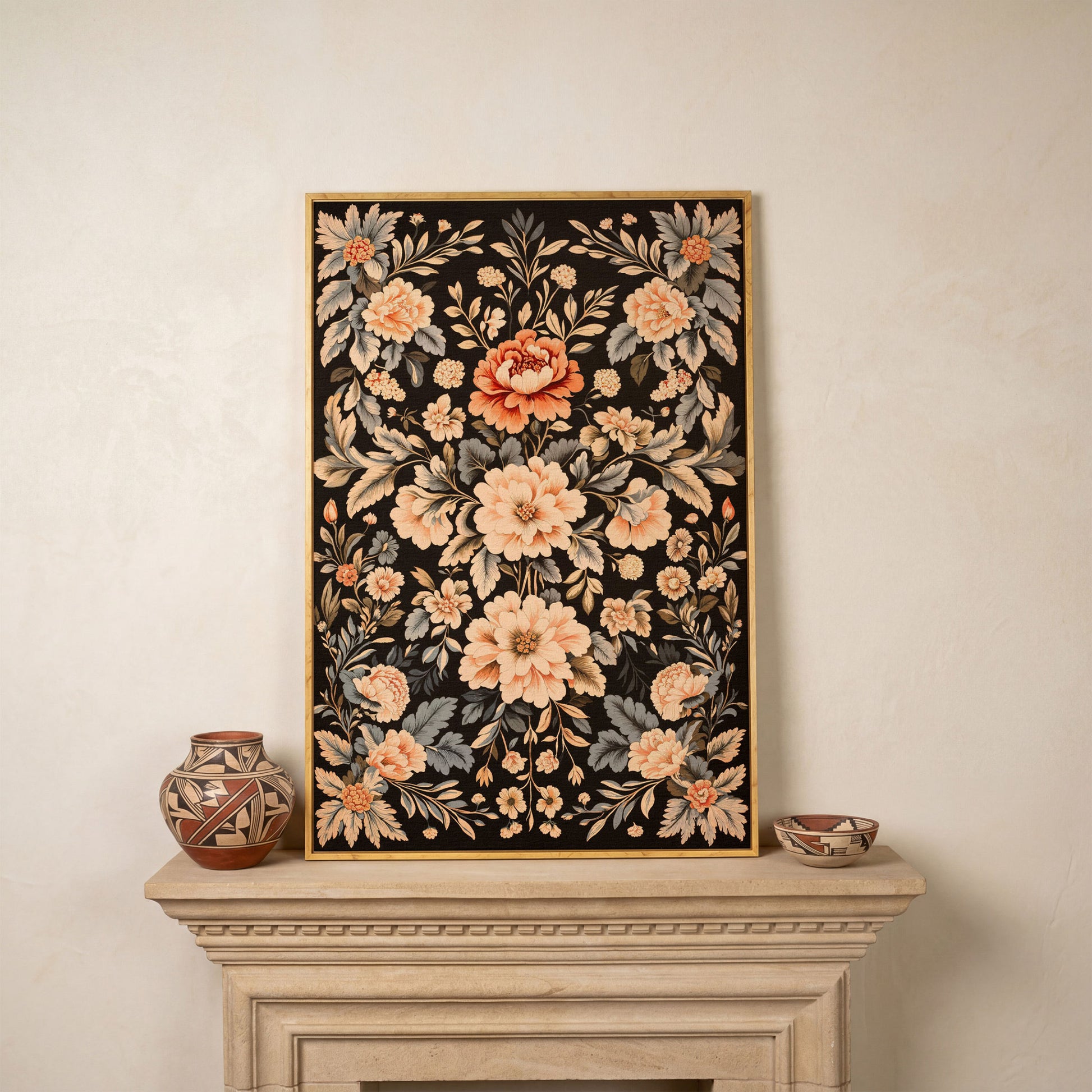 William Morris Peony Canvas Print in Charcoal and Peach in white oak floating frame
