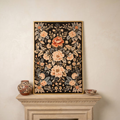 William Morris Peony Canvas Print in Charcoal and Peach in white oak floating frame