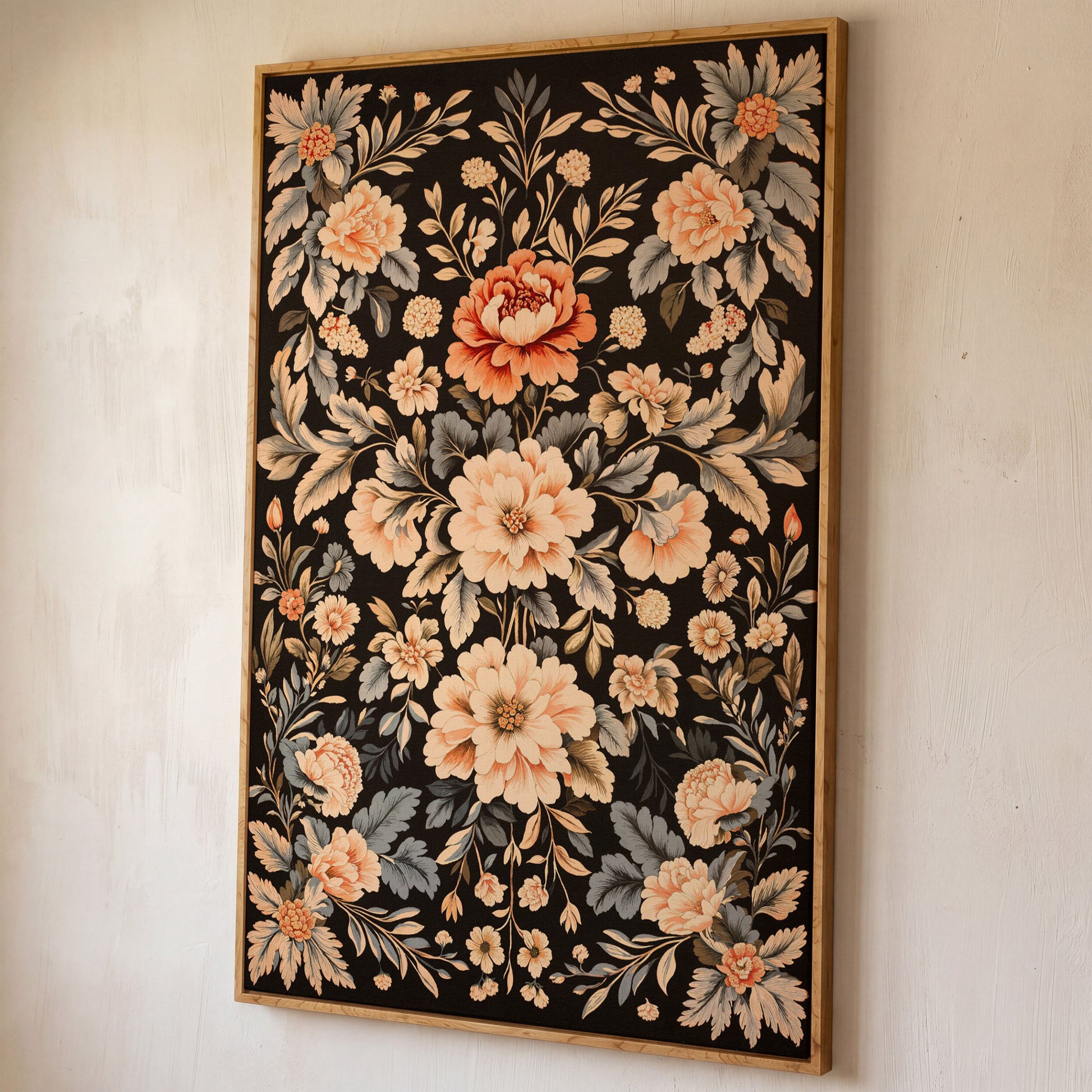William Morris Peony Canvas Print in Charcoal and Peach shown in white oak floating frame