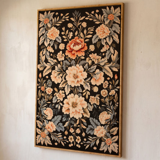 William Morris Peony Canvas Print in Charcoal and Peach shown in white oak floating frame