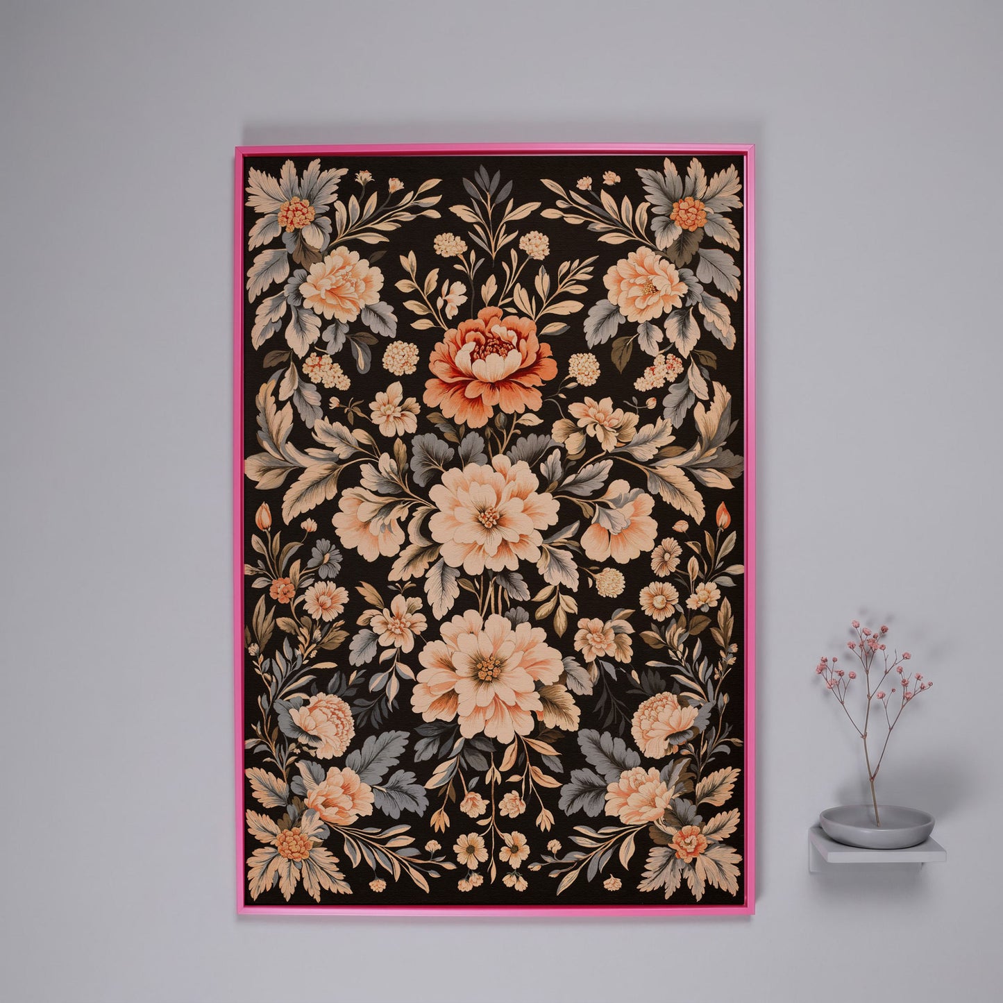 William Morris Peony Canvas Print in Charcoal and Peach in pink floating frame