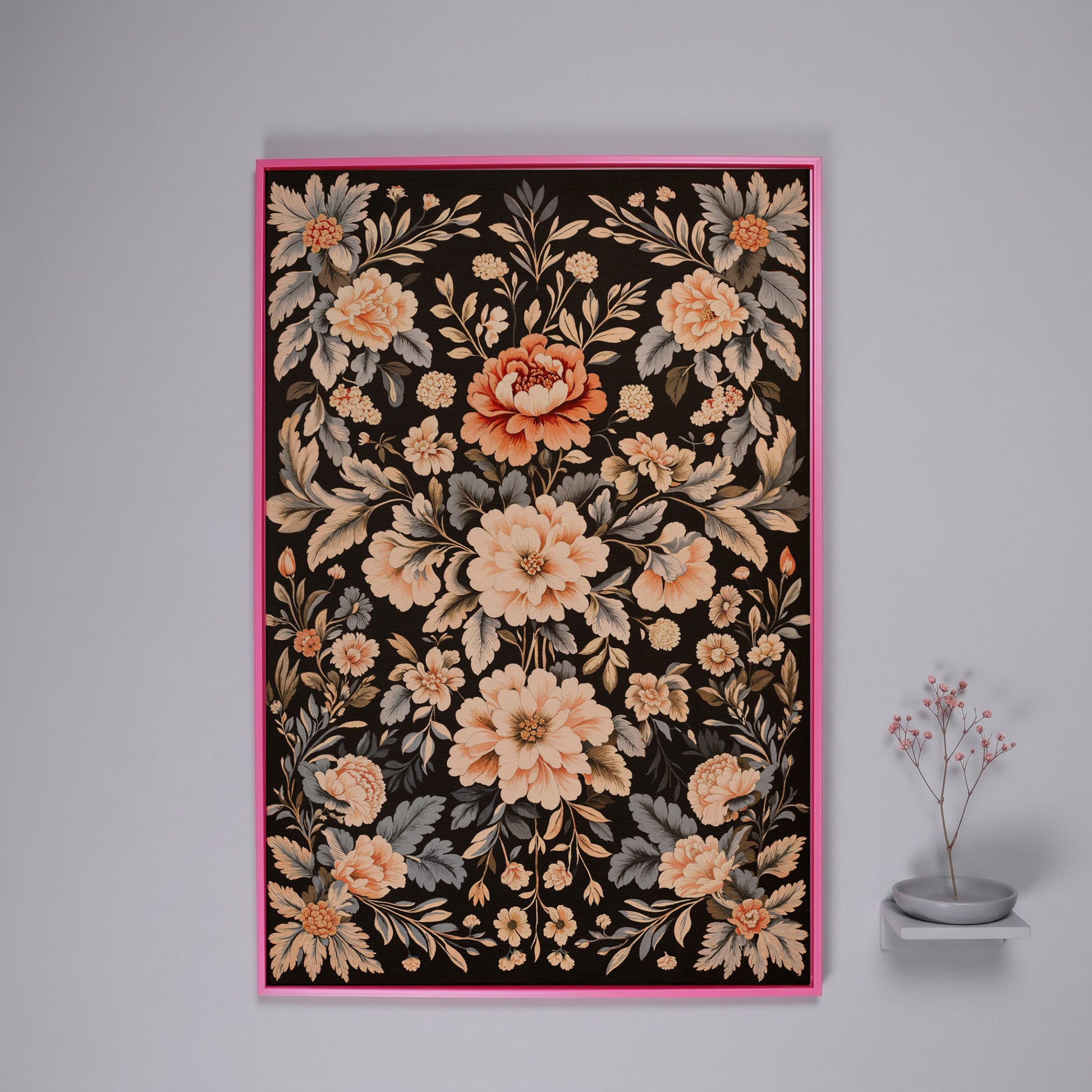 William Morris Peony Canvas Print in Charcoal and Peach in pink floating frame