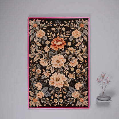 William Morris Peony Canvas Print in Charcoal and Peach in pink floating frame