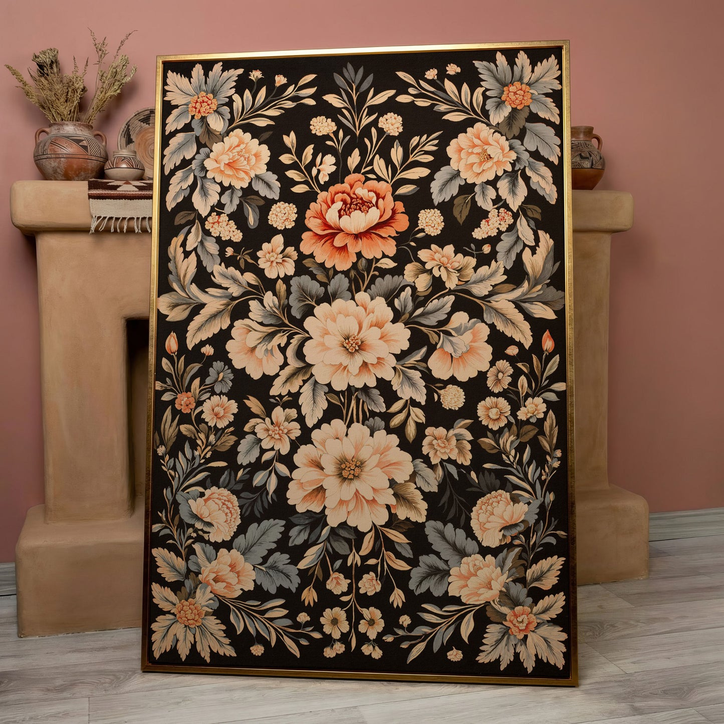 William Morris Peony Canvas Print in Charcoal and Peach in rose gold floating frame