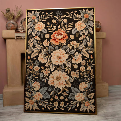 William Morris Peony Canvas Print in Charcoal and Peach in rose gold floating frame