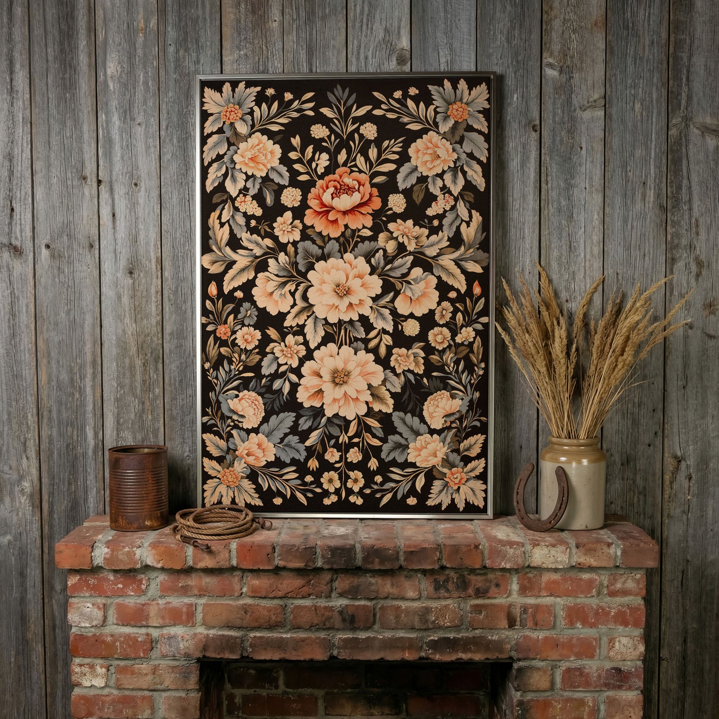 William Morris Peony Canvas Print in Charcoal and Peach in silver floating frame