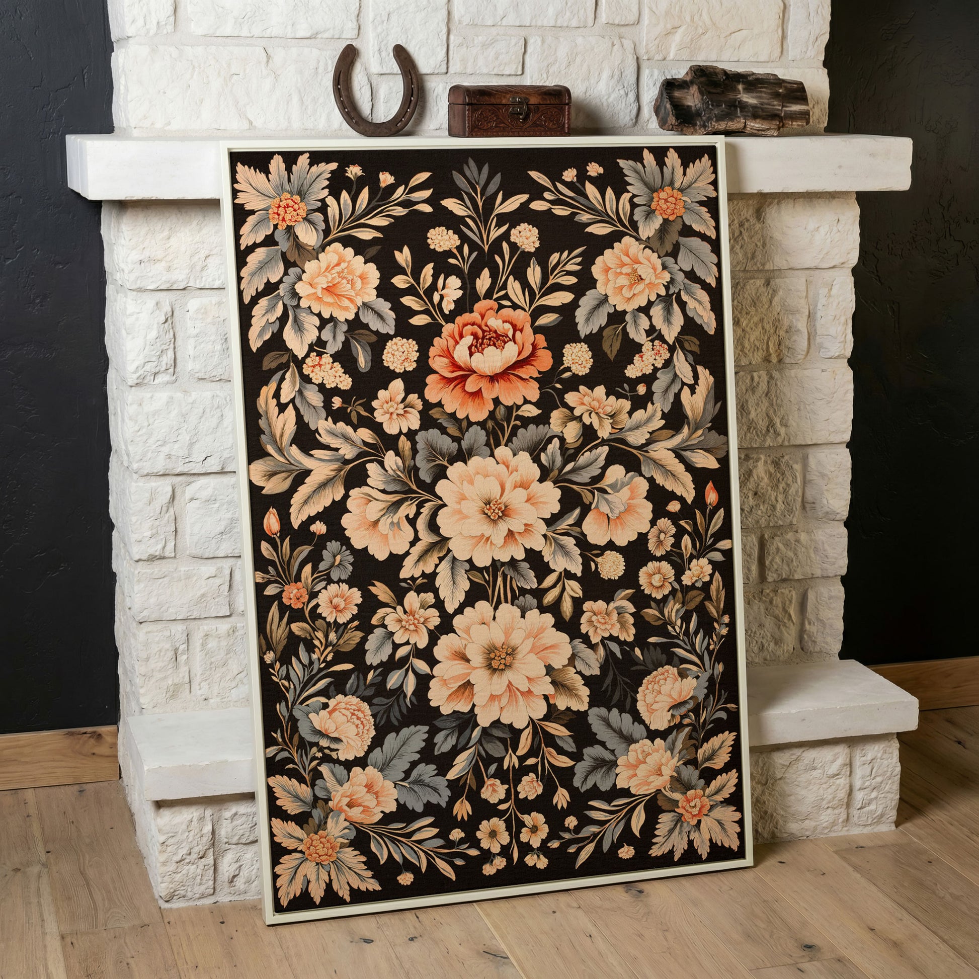 William Morris Peony Canvas Print in Charcoal and Peach in white floating frame