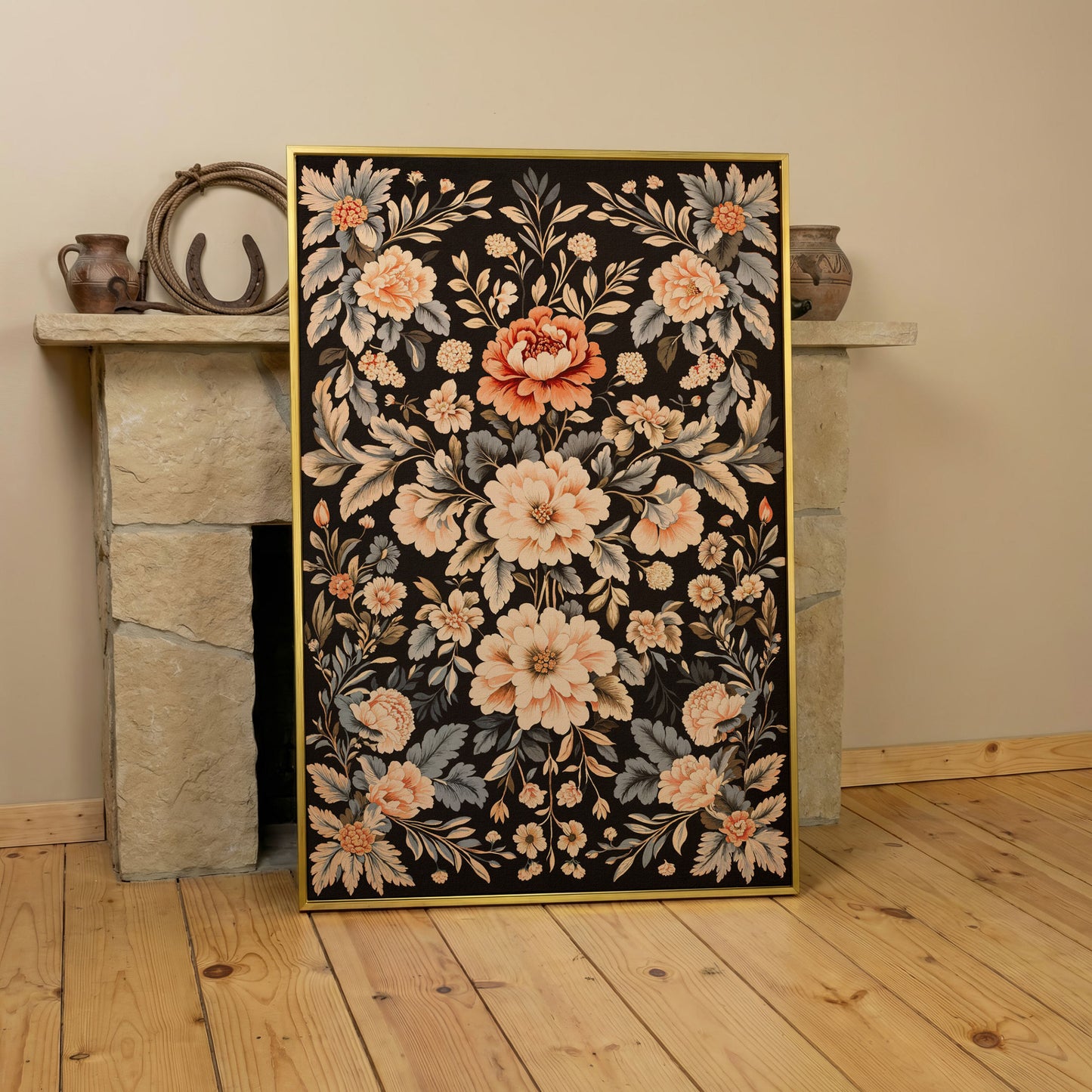 William Morris Peony Canvas Print in Charcoal and Peach in yellow gold floating frame