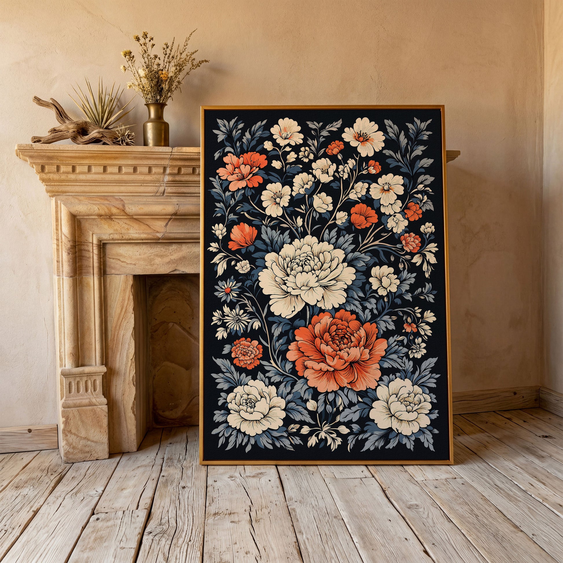 Vintage Peony Canvas in Burnt Orange and Ivory in antique gold floating frame