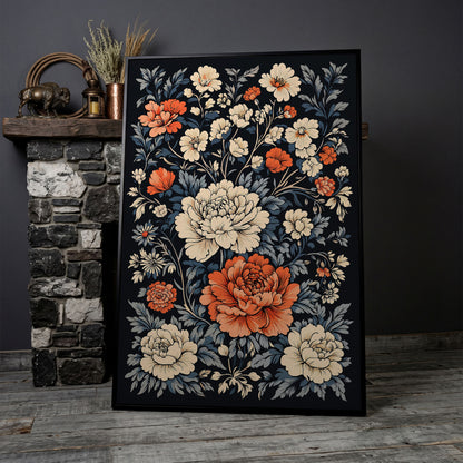 Vintage Peony Canvas in Burnt Orange and Ivory in black floating frame