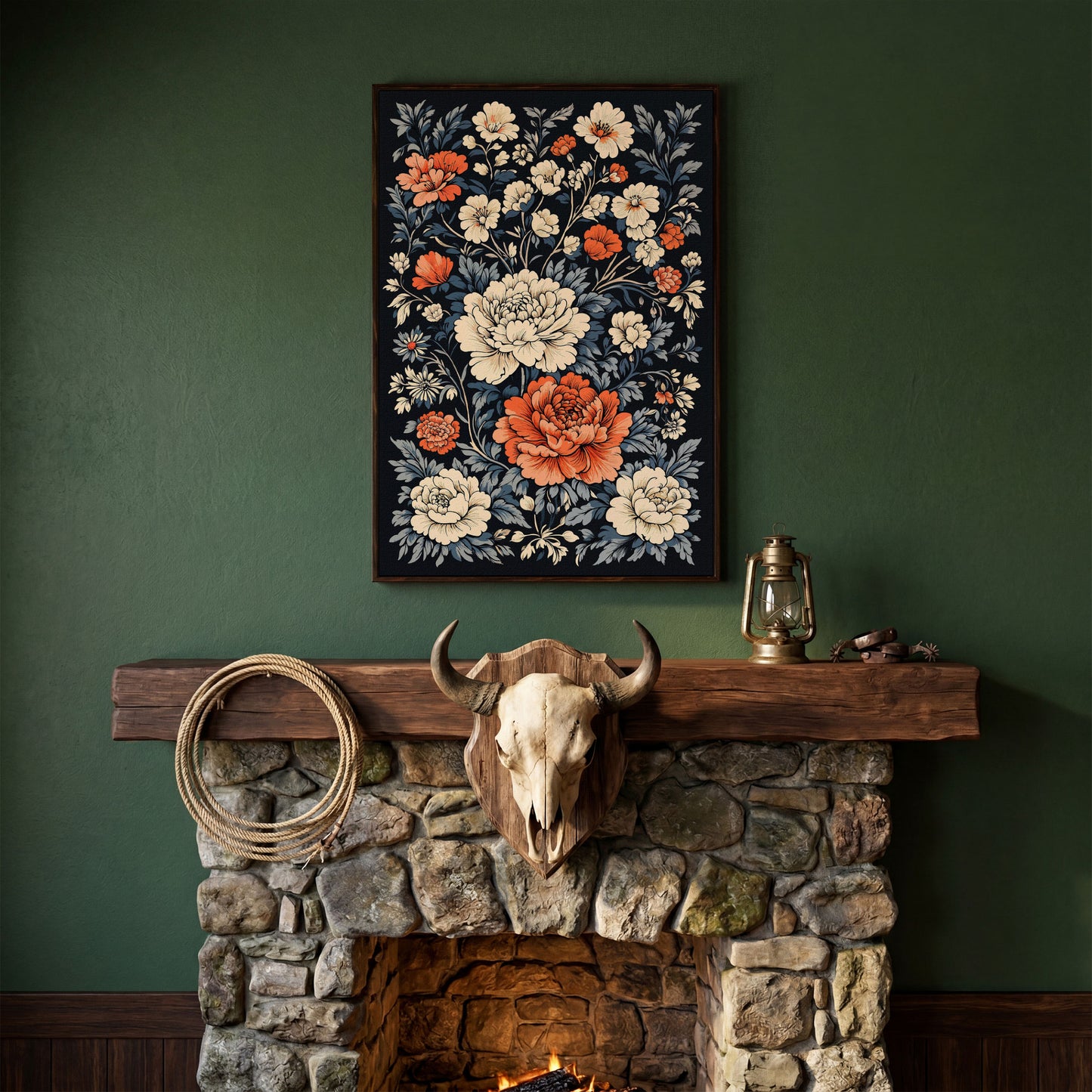 Vintage Peony Canvas in Burnt Orange and Ivory in dark walnut floating frame