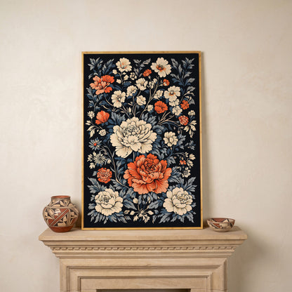 Vintage Peony Canvas in Burnt Orange and Ivory in white oak floating frame