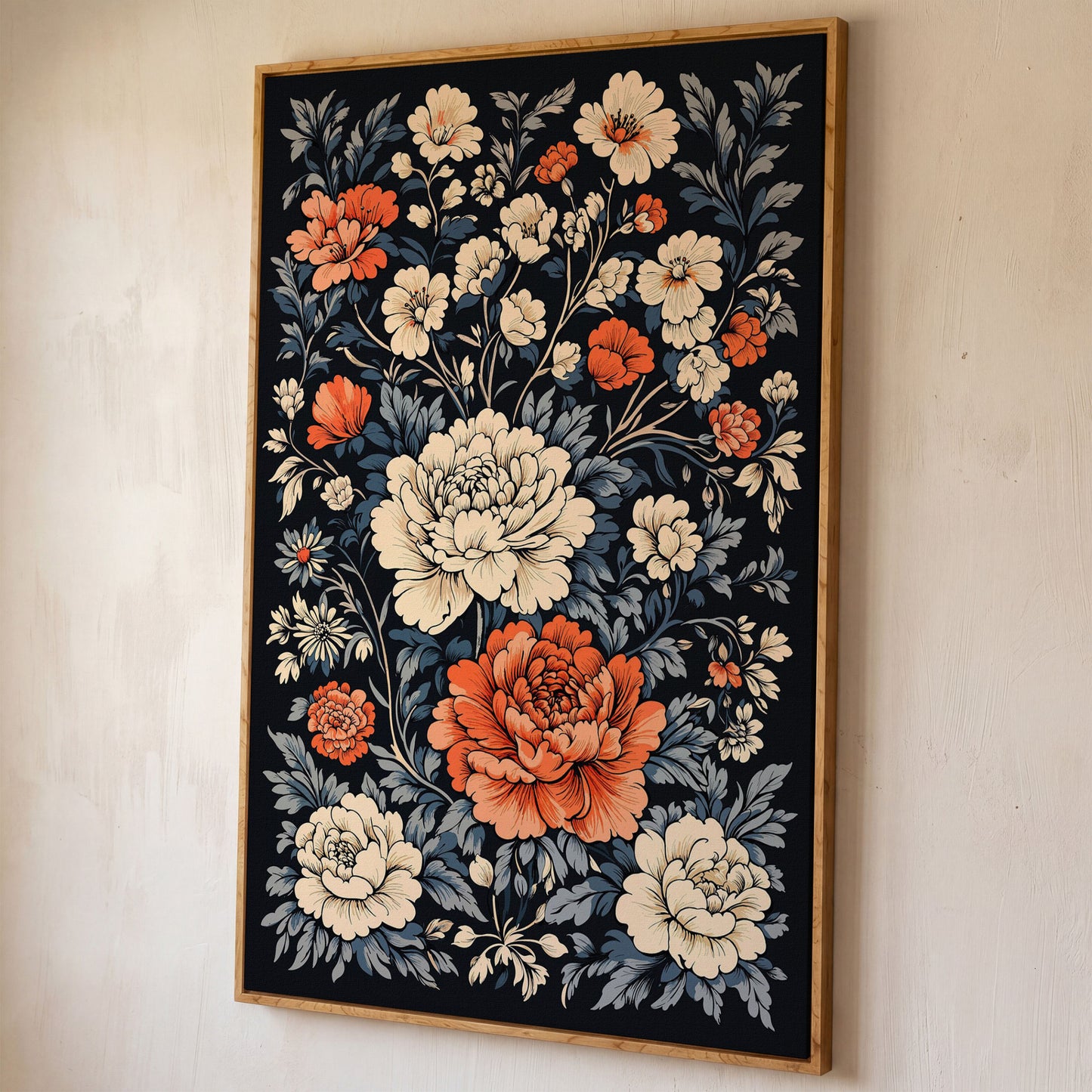 Vintage Peony Canvas in Burnt Orange and Ivory shown in white oak floating frame
