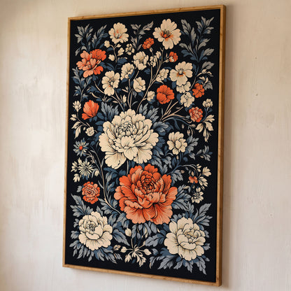 Vintage Peony Canvas in Burnt Orange and Ivory shown in white oak floating frame