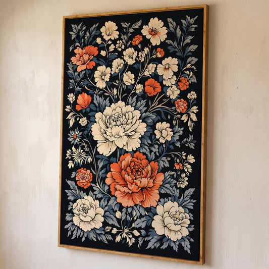 Vintage Peony Canvas in Burnt Orange and Ivory shown in white oak floating frame