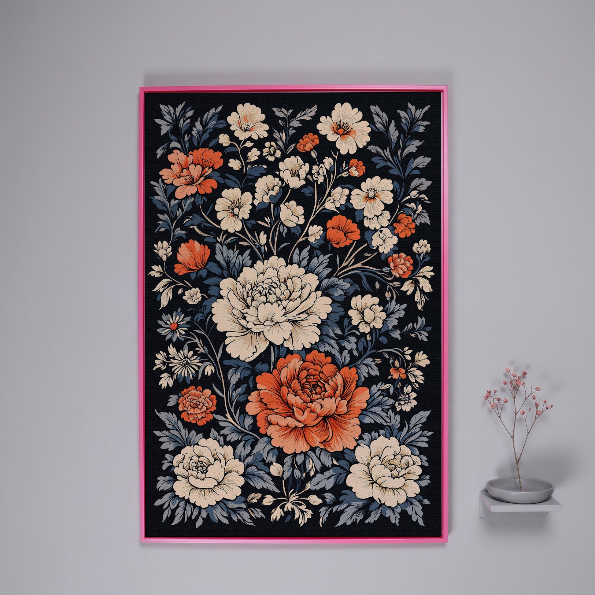 Vintage Peony Canvas in Burnt Orange and Ivory in pink floating frame